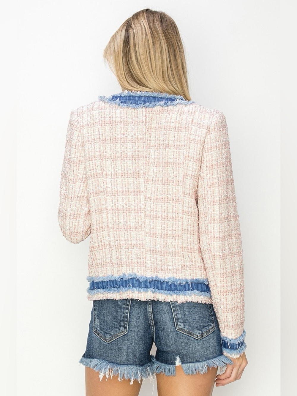 Risen Pink Tweed Fringe-Trim Blazer with Blue Accents - Picture 2 of 6